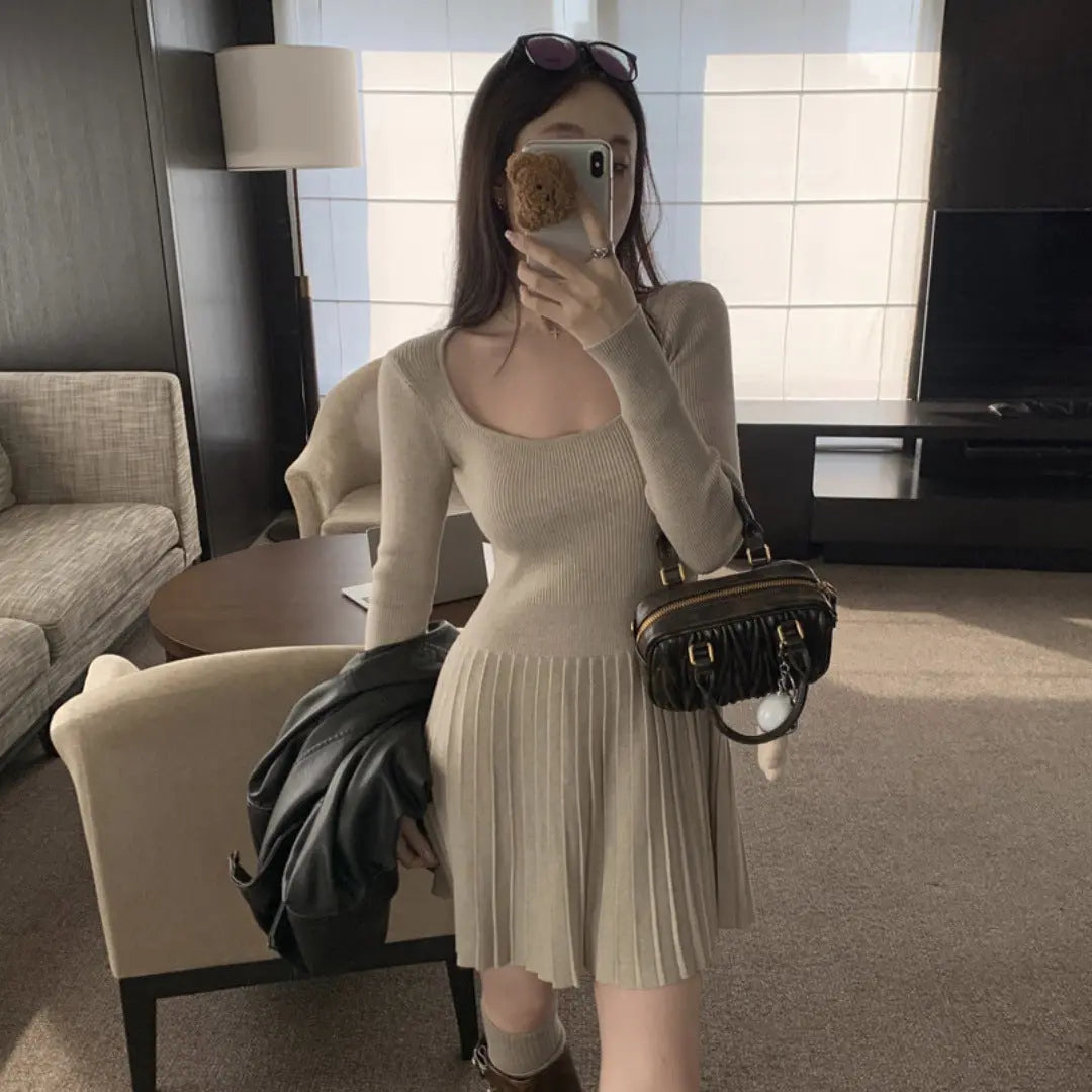 Womens Slim Fit Pleated Long Sleeve Dress Dropshipman