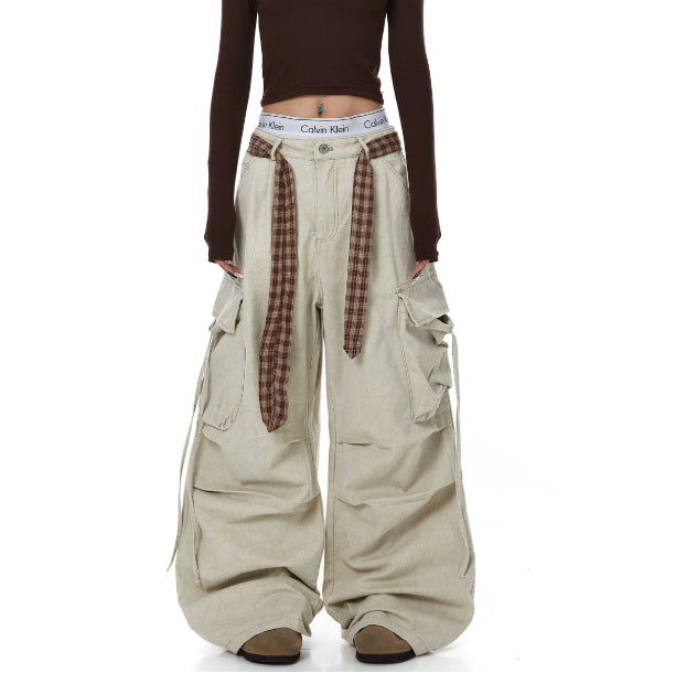 Womens Plaid Belted Stacked Distressed Straight-Leg Wide-Leg Pants