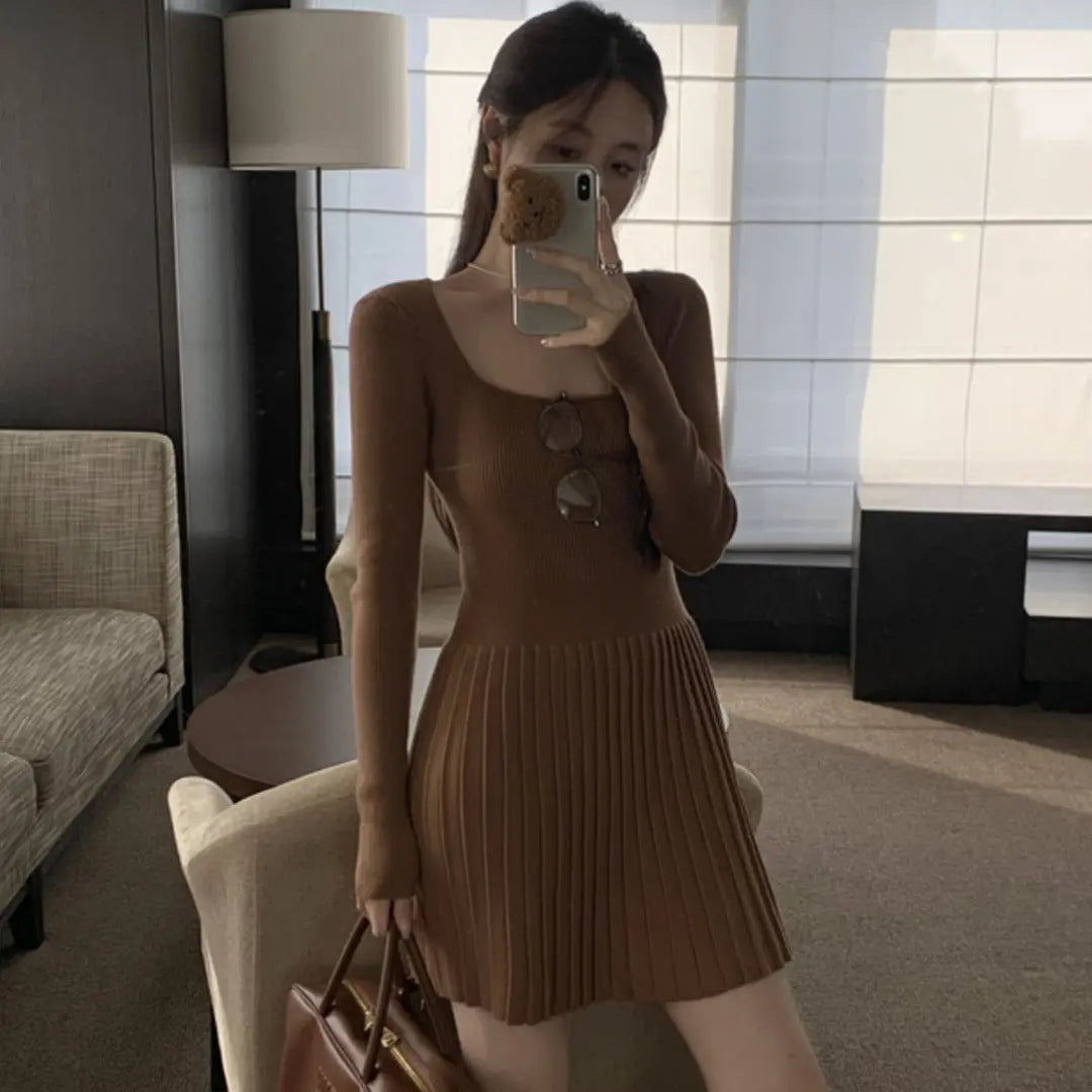 Womens Slim Fit Pleated Long Sleeve Dress Dropshipman