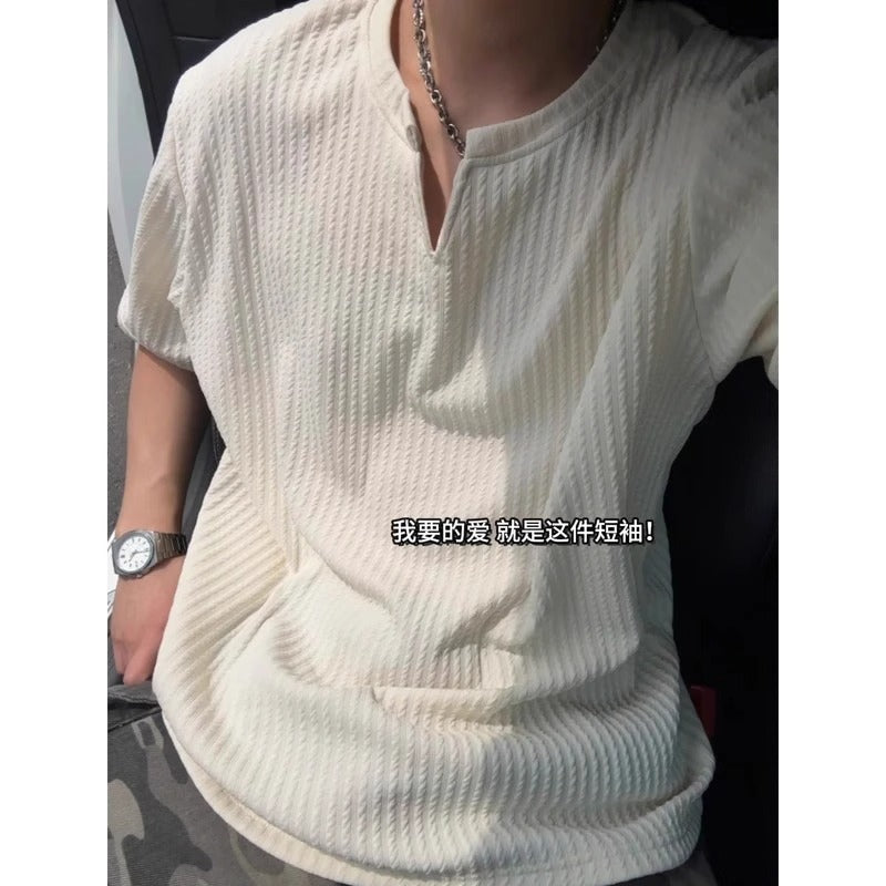 Textured Small V-neck Short-sleeve T-shirt For Men