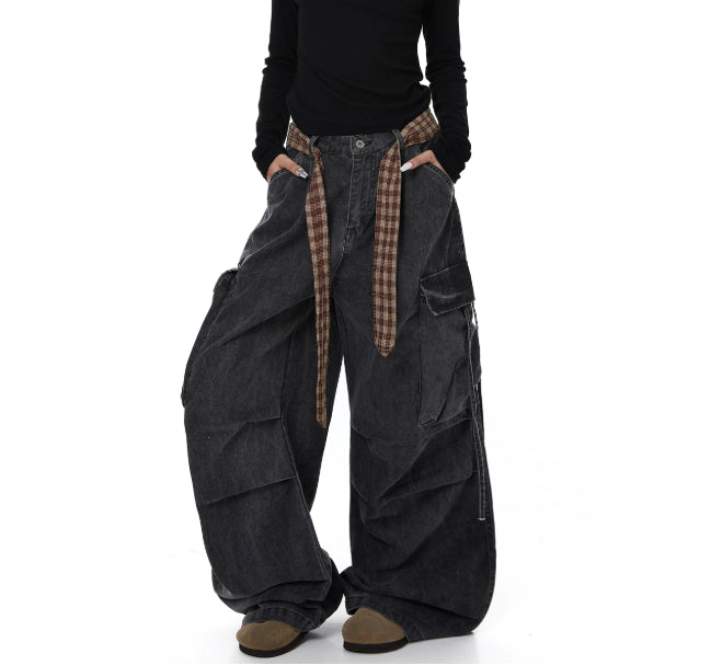 Womens Plaid Belted Stacked Distressed Straight-Leg Wide-Leg Pants