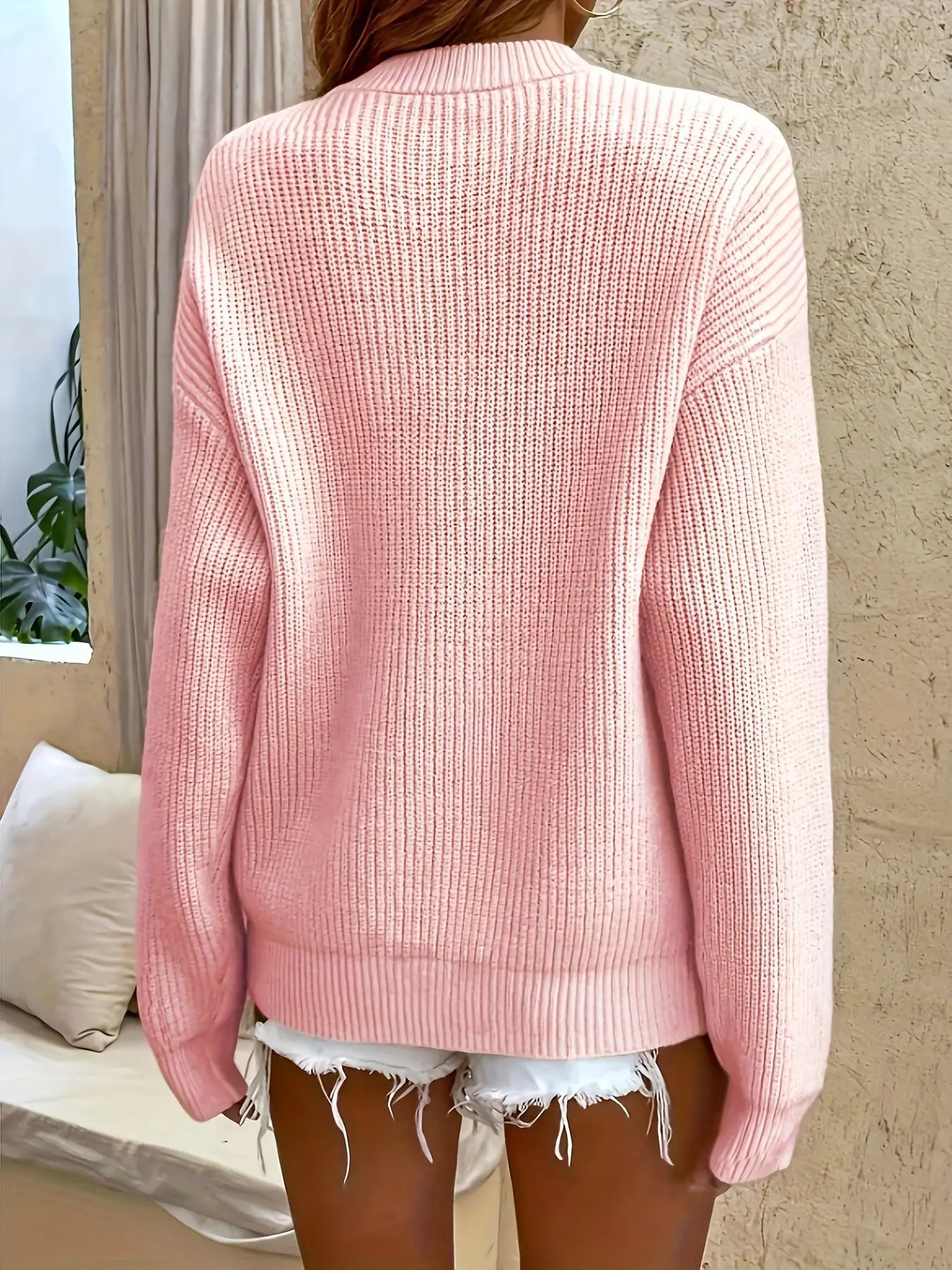 Women's Comfortable Pink Sweater With Buckle Design Casual Dropshipman