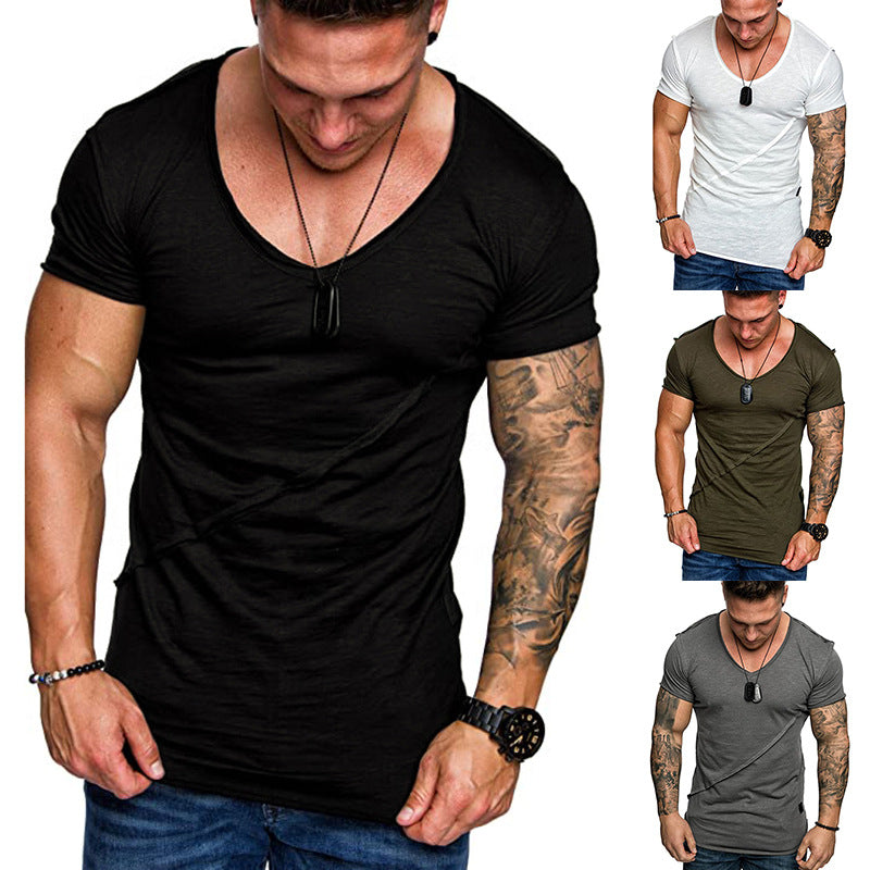 Men's Fashion Solid Color V-Neck Slanted Stripe Patchwork T-Shirt