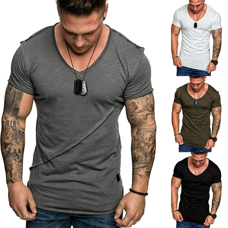Men's Fashion Solid Color V-Neck Slanted Stripe Patchwork T-Shirt