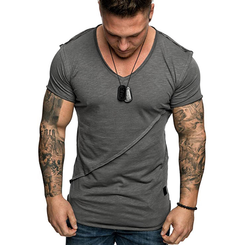 Men's Fashion Solid Color V-Neck Slanted Stripe Patchwork T-Shirt