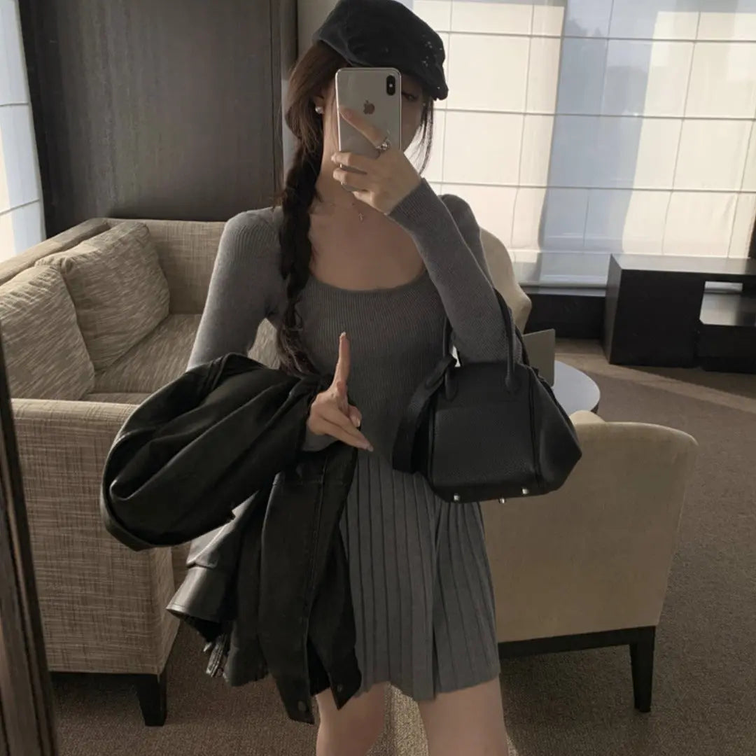 Womens Slim Fit Pleated Long Sleeve Dress Dropshipman