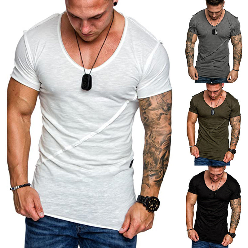 Men's Fashion Solid Color V-Neck Slanted Stripe Patchwork T-Shirt